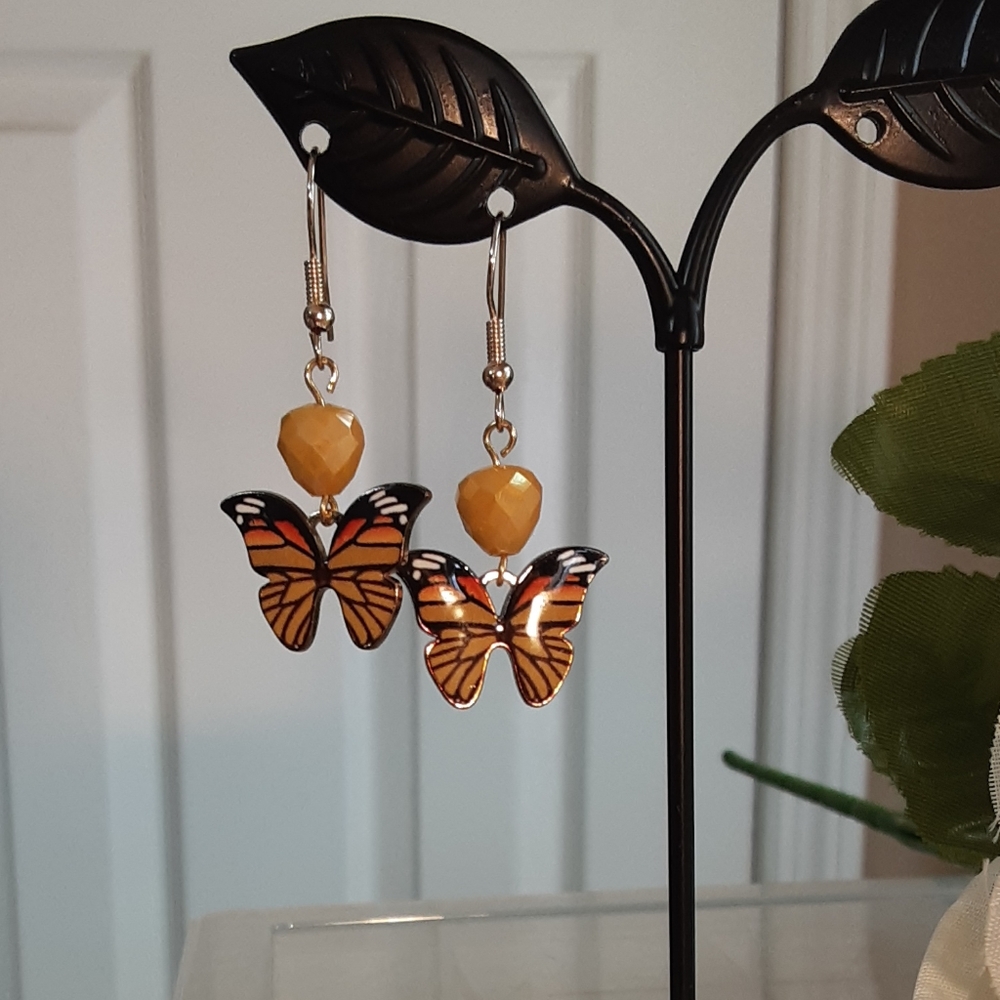 Handmade Butterfly Earrings Yellow Black 1.5" Long - Picture 2 of 4
